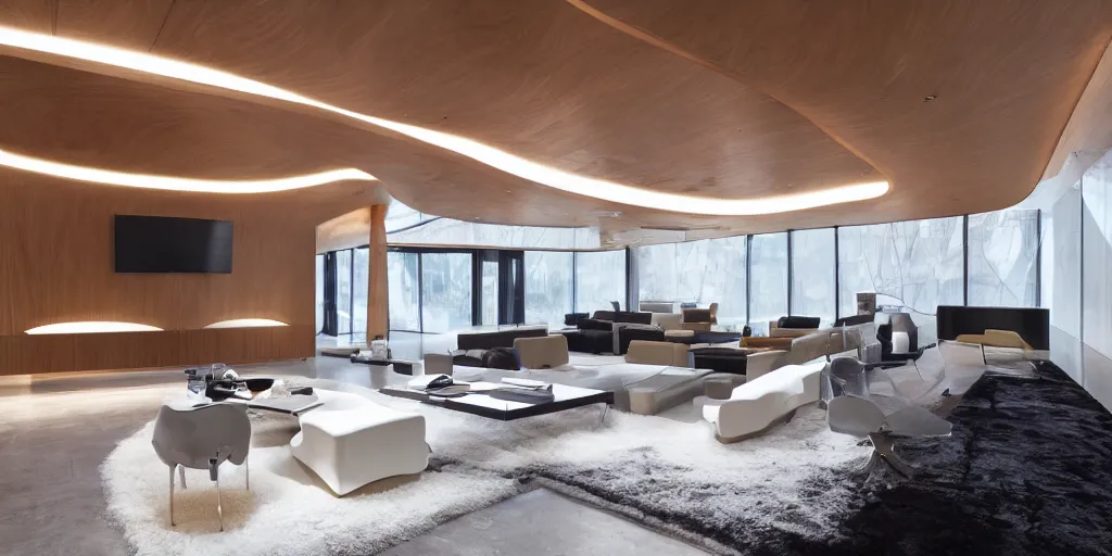 Image similar to living room designed by zaha hadid with wood paneling, metal structures, futuristic furniture, led lighting, minimalist interior design, modern architecture, photography