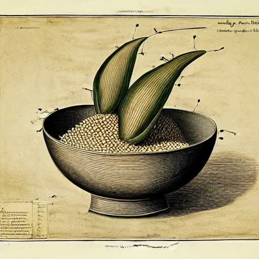 Prompt: anatomical diagram of oryza sativa, next to a bowl of rice, sepia, faded, ink, by maria sibylla merian