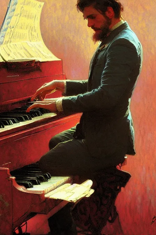 Image similar to attractive man playing piano, cool colors, painting by gaston bussiere, craig mullins, greg rutkowski, alphonse mucha