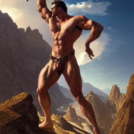 Image similar to ultra realistic illustration, a very tall and muscular gigachad flexing on top of a mountain, intricate, elegant, highly detailed, digital painting, artstation, concept art, smooth, sharp focus, illustration, art by artgerm and greg rutkowski and alphonse mucha