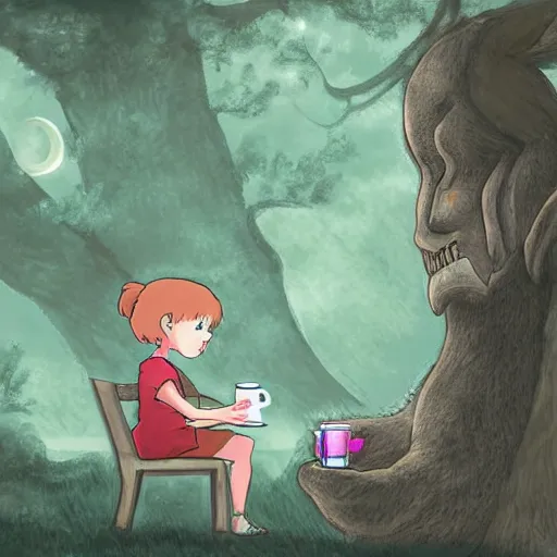 Prompt: little girl drinking tea with a friendly cryptid, digital art, studio ghibli