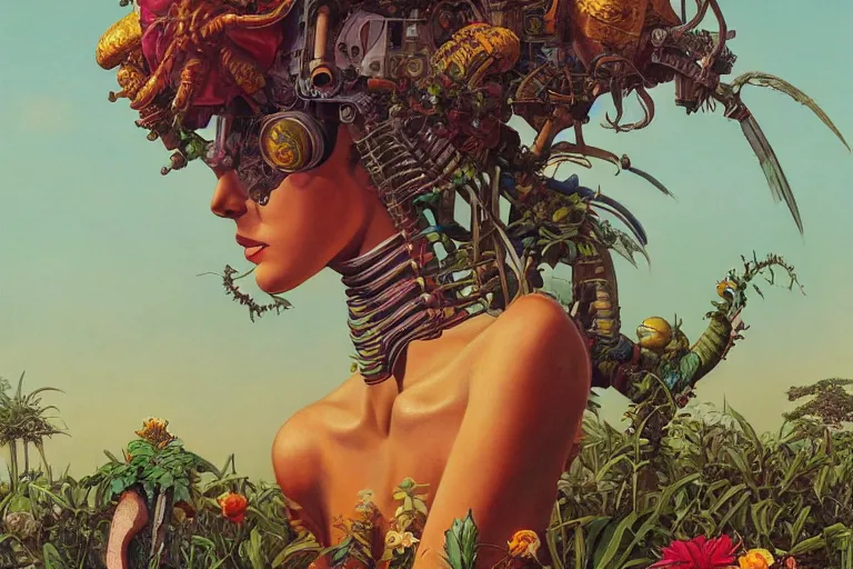 Prompt: evangelionic illustration, gigantic girl head, a lot of exotic vegetation, trees, tremendous pleasure robot, flowers, oldschool vintage sci - fi flat surreal design, super - detailed, oil painting by moebius, hd, 4 k, high quality