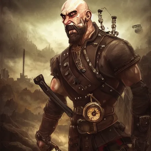 Image similar to portrait of a muscular, grim, bald orc mechanic, wearing a heavy brown leather coat, wielding a wrench, steampunk setting, gears, airship on the background, dramatic lighting, high detail, digital art by Rossdraws