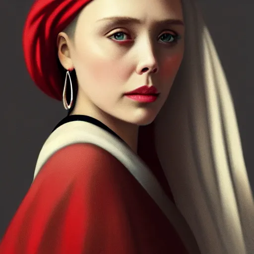 Image similar to Elizabeth Olsen with a pearl earring illustrated by Greg Rutkowski, 4k, 8k, trending on artstation