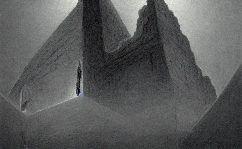 Prompt: close shot of a hellish monolith bursting out of the roof of a cathedral by Zdzisław Beksiński