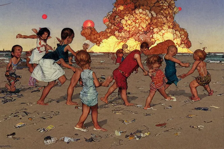 Image similar to children playing at the beach, huge atomic explosion in the background, isometric, detailed, by norman rockwell, by mattias adolfsson, by moebius, oil on canvas,