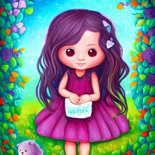 Prompt: a painting of a little girl and a bear, a storybook illustration by Jeremiah Ketner, deviantart contest winner, fantasy art, storybook illustration, digital illustration, deviantart hd