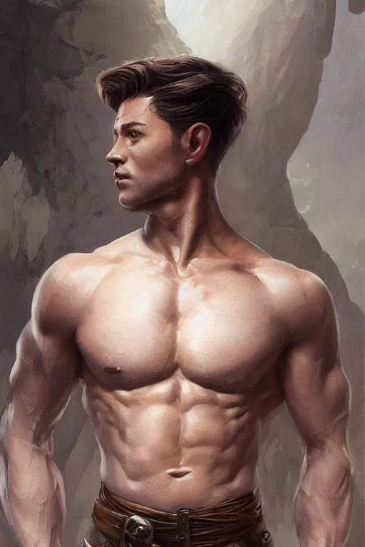 Image similar to Young man, no beard, muscular upper body, D&D, fantasy, realistic physic, accurate hyper-realistic body, elegant, highly detailed, digital painting, artstation, concept art, smooth, sharp focus, illustration, art by artgerm and greg rutkowski and alphonse mucha