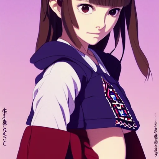 Image similar to a beautiful! boyish! natalie portman alluring gravure! model, wearing japanese school girl outfit with mayan pattern and native style, aztec street fashion, gapmoe yandere grimdark, trending on pixiv fanbox, painted by greg rutkowski makoto shinkai takashi takeuchi studio ghibli, akihiko yoshida