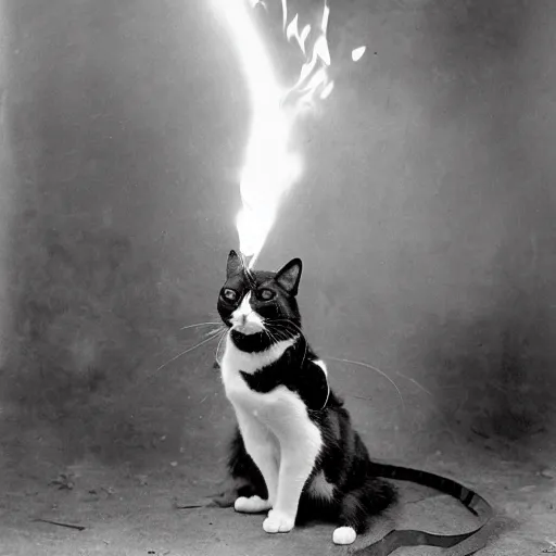 Prompt: anthropomorphic tuxedo cat in wwi era army uniform operating a flamethrower, old black & white photograph