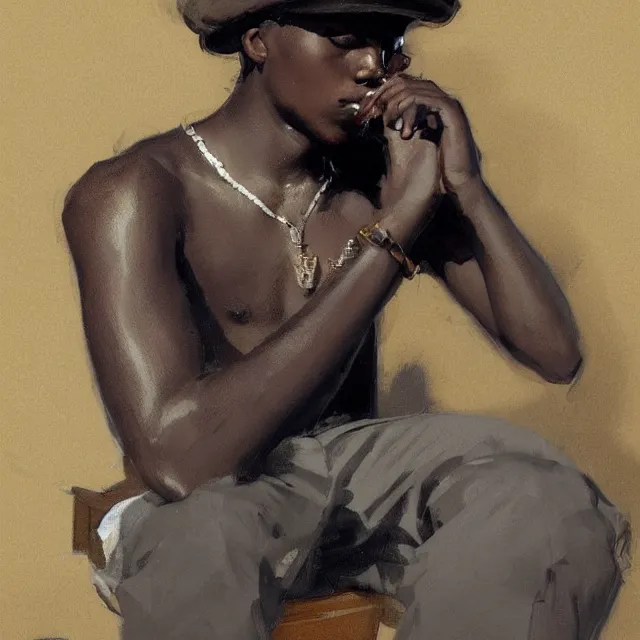 Image similar to 2 0 year old black man, with short hair, smoking tobacco, sitting in a pool of money, portrait, elegant, intricate, digital painting, artstation, concept art, smooth, sharp focus, illustration, art by konstantin korovin and daniel f. gerhartz and john howe
