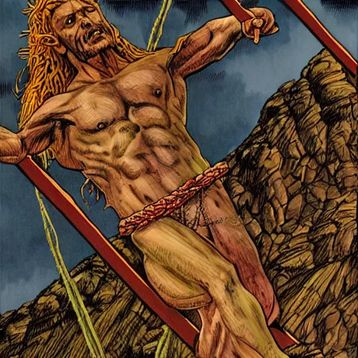 Prompt: precisely drawn illustration of iguana christ nailed to a cross, wide angle, no artefacts, sharp, fine details, french comic style, vibrant realistic colors, full color, heroic fantasy, clear detailed view, intense line art, 8 k, precise linework, realistic, in the style of heavy metal comics and richard corben and moebius