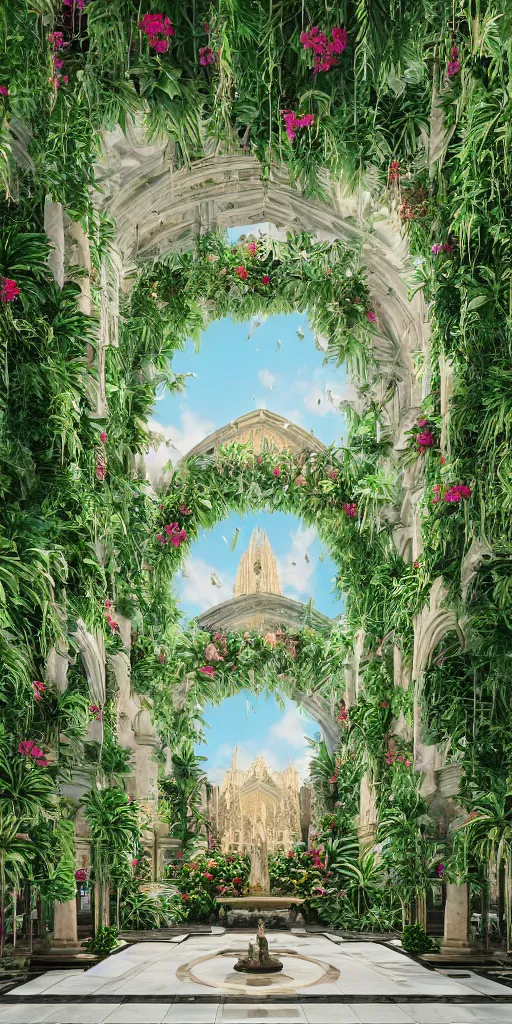 Image similar to grand cathedral interior with koi pond in the middle surrounded by palm trees, ivy, flowers, tropical plants, roses, and with archways, rendered in octane render with photorealistic lighting, cinematic, horizontal symmetry