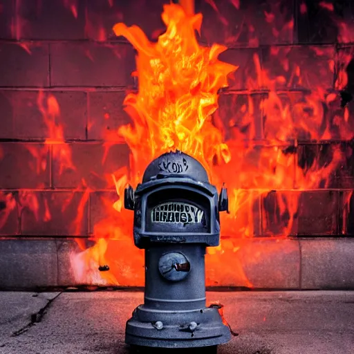 Image similar to heavy metal album cover featuring a fire hydrant surrounded by flames