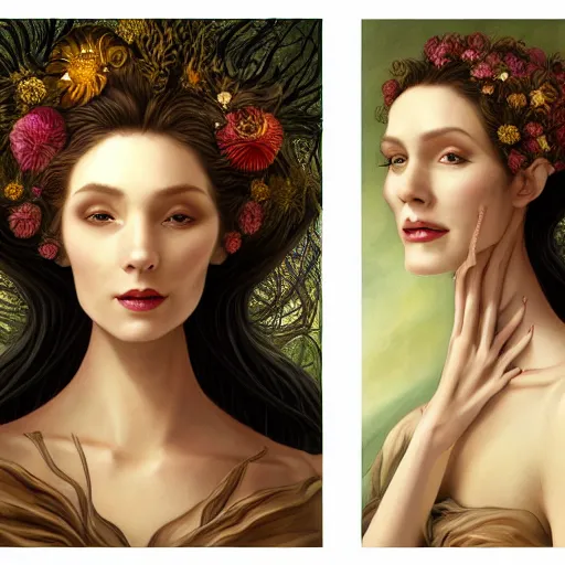 Image similar to facial portrait of a young pretty woman in flowing dress, arrogant, mysterious, long fine flowing hair, delicate, looking at camera, slightly awkward smile, realistic face, hands behind back, stylish, elegant, grimdark fantasy, flowers, extremely detailed painting inspired by Gerald Brom and Ernst Haeckel and Kaluta