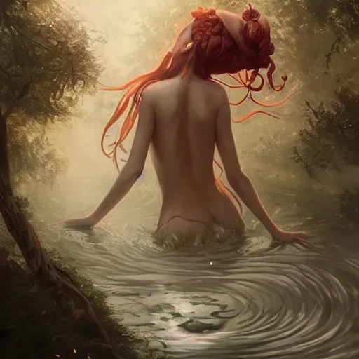 Prompt: forest nymph rising from the water. view from behind, wide angle view, back view. nuri iyem, james jean, greg rutkowski, anato finnstark. trending on artstation, starlight, and enchanted dreams