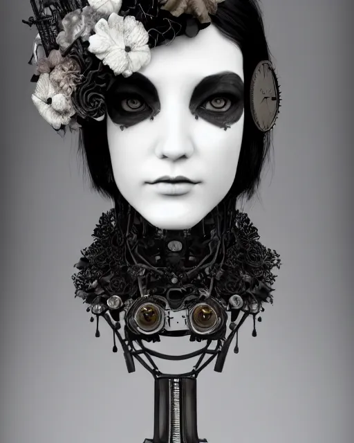 Image similar to black and white dreamy foggy smoky profile face portrait, one silver steampunk eye biomechanical beautiful young female cyclope - cyborg - robot bust, body ribs meshes,, volumetric light, hibiscus flowers, rim light, by hg giger and cecile beaton, big gothic fashion pearl embroidered collar, 8 k