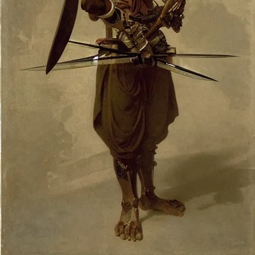 Image similar to portrait of a fully armed skeleton archer with big sword, wearing helmets and armor with wings, symmetrical, solemn, sacred, aura, by bouguereau h 7 6 8
