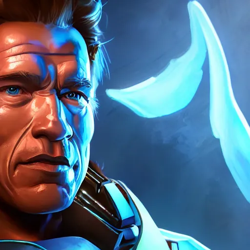 Image similar to a screenshot of arnold schwarzenegger as mercy in overwatch, angel wings, halo, portrait, fantasy, beautiful face, vivid colors, elegant, concept art, sharp focus, digital art, hyper - realistic, 4 k, unreal engine, highly detailed, hd, dramatic lighting by brom, trending on artstation