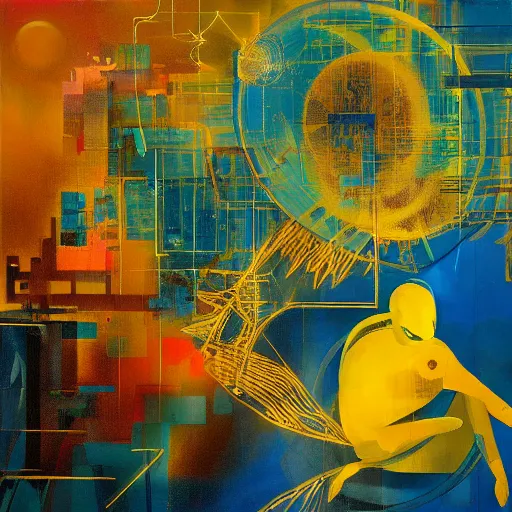 Prompt: a joyful golden blue hacker surrounded by birds, neon virtual networks, and information visualization, oil on canvas inspired by dave mckean and yoji shinkawa