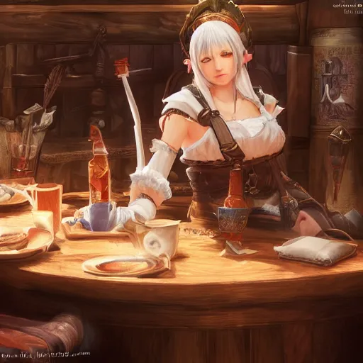 Prompt: Yda from FFXIV sitting down in a tavern, ultra detailed, fantasy, artstation, matte