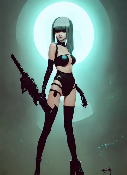Image similar to portrait of cute goth girl in cyber bikini armor, face by ilya kuvshinov, warhammer, cyberpunk, by atey ghailan, by greg rutkowski, by greg tocchini, by james gilleard, by joe fenton, by kaethe butcher, dynamic lighting, gradient light blue, brown, blonde cream and white color in scheme, grunge aesthetic
