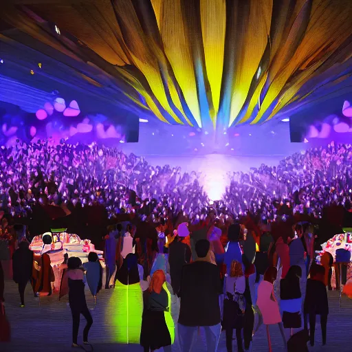 Image similar to cartoon, people communicating with each other in groups of ten, a large hall, dim painterly lighting volumetric aquatics, party