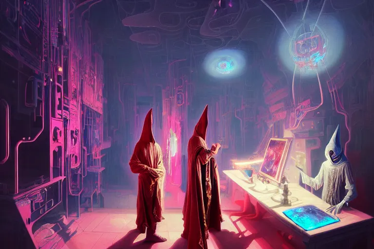 Image similar to a highly detailed beautiful masterpiece painting of a technomancer wizard in robes with pointed hood discussing sentience with his synthesized AI djinn in his laboratory near a computer by Remedios Varo and Anato Finnstark and Greg Rutkowski, dayglo pink, dayglo blue, dazzle camouflage, 8k, trending on ArtStation