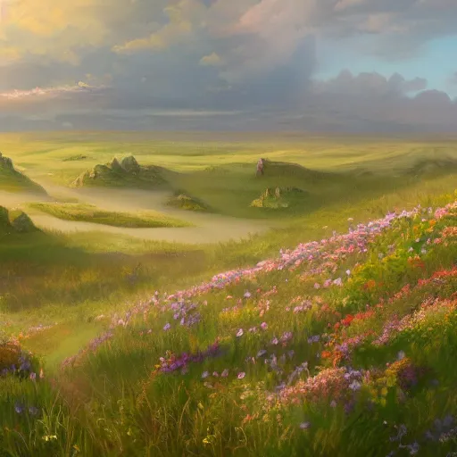Image similar to a matte painting of a european prairie, patchy flowers and jagged rocks, oil painting, pale colors, high detail, 8 k, wide angle, trending on artstation,