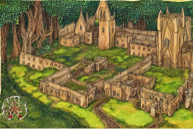 Image similar to an elaborate and dense painting of the peaceful redwall abbey in mossflower wood, detailed, made of alcohol ink on parchment and penned illustrations, by brian jacques and greg rutowski