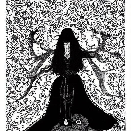 Image similar to black and white pen and ink!!!!!!! sorcerer beautiful attractive long hair Billie Eilish wearing High Royal flower print robes flaming!!!! final form flowing ritual royal!!! Contemplative stance Vagabond!!!!!!!! floating magic witch!!!! glides through a beautiful!!!!!!! Camellia!!!! Tsubaki!!! death-flower!!!! battlefield behind!!!! dramatic esoteric!!!!!! Long hair flowing dancing illustrated in high detail!!!!!!!! by Hiroya Oku!!!!!!!!! graphic novel published on 2049 award winning!!!! full body portrait!!!!! action exposition manga panel black and white Shonen Jump issue by David Lynch eraserhead and beautiful line art Hirohiko Araki!! Frank Miller, Kentaro Miura!, Jojo's Bizzare Adventure!!!! 3 sequential art golden ratio technical perspective panels horizontal per page