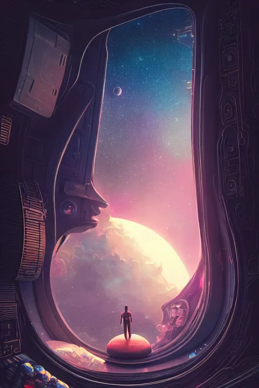 Image similar to nomad, sad in spaceship, gazing at view of galaxy in space through a window, intricate detailed environment, photorealistic!, octane render, mechanical, concept art, cinematic lighting, digital art, interstellar, hyper realism, sharp, cyberpunk, 8 k, de dia los muertos. by angus mckie, moebius, maciej kuciara