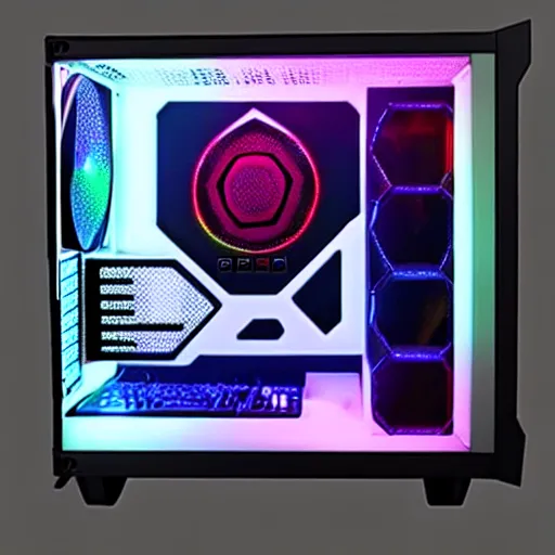 Prompt: rgb gaming computer case with a little fellow inside