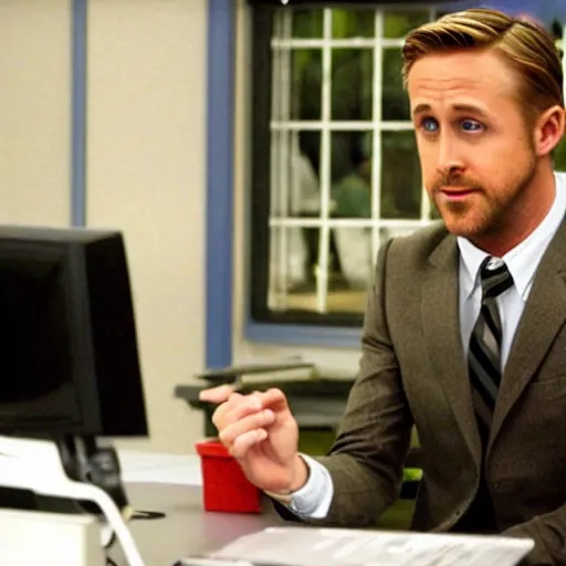 Image similar to Agent K Ryan Gosling in the office TV Show