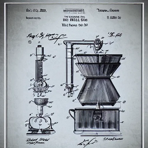 Image similar to plans for a horse - drawn coffee mill in the style of thomas edison. patent filing. detailed. hd