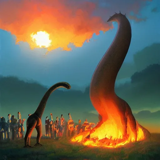 Prompt: A painting of a brachiosaurus being roasted whole on a bonfire, fantasy art, natural, sunset, trending on artstation, art by Makoto Shinkai