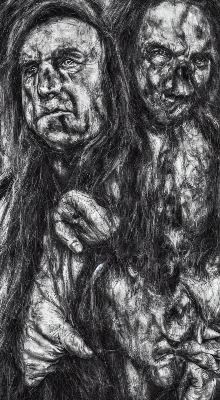 Prompt: francois legault portrait, black metal album cover, 4 k, photorealistic