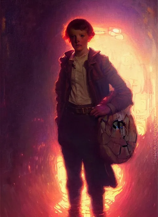 Image similar to illustration by gaston bussiere, gerome, craig mullins, greg rutkowski, john singer sargent. portrait of eddie munson joseph quinn, stranger things. 8 ß's neon retro. lights, glow, magical. dark background.