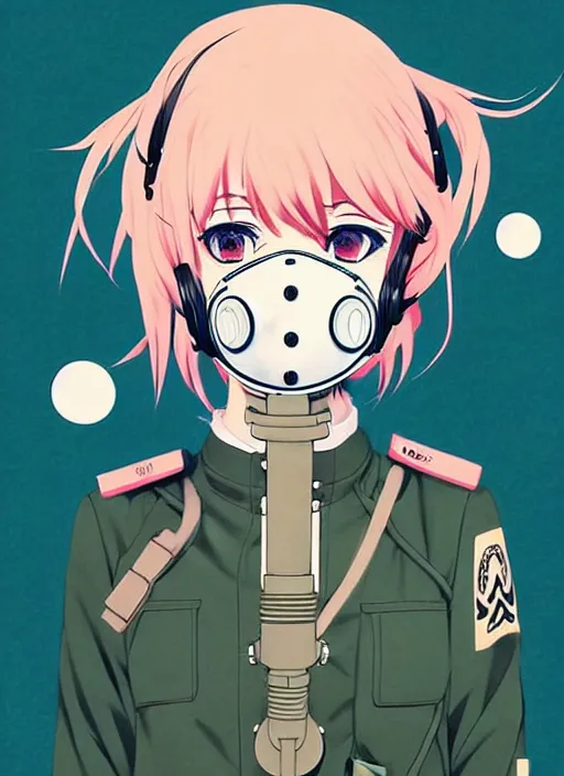 Prompt: girl wearing gas mask and uniform, very anime!!! anime!! intricate details, aesthetically pleasing pastel colors, smoke poster background, art by conrad roset and ilya kuvshinov