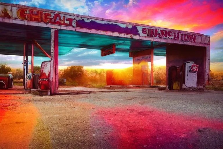 Image similar to a sunset light landscape with historical route 6 6, lots of sparkling details and sun ray ’ s, blinding backlight, smoke, volumetric lighting, colorful, octane, 3 5 mm, abandoned gas station, old rusty pickup - truck, beautiful epic colored reflections, very colorful heavenly, softlight