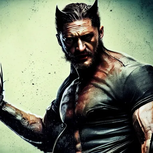 Image similar to Tom Hardy as wolverine in Black Damaged leather suit Digital art 4K quality