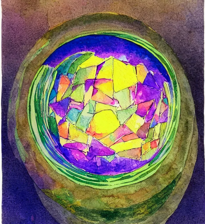 Prompt: a 1988 watercolor and ink illustration of an intricate and faceted crystal ball with a world inside of it + impasto + dissolving in to light + prism + god rays + dramatic lightning + backlit + specular + caustics