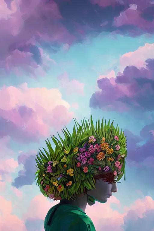 Image similar to closeup, girl with giant flower head, between monsteras, surreal photography, wind and cold, dramatic sky, impressionist painting, digital painting, artstation, simon stalenhag