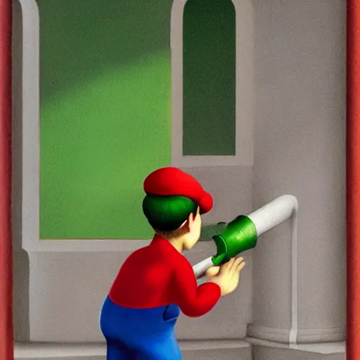 Image similar to an italian plumber with a red hat emerges from a green city pipe by Raphael, Hopper, and Rene Magritte. detailed, romantic, enchanting, trending on artstation.