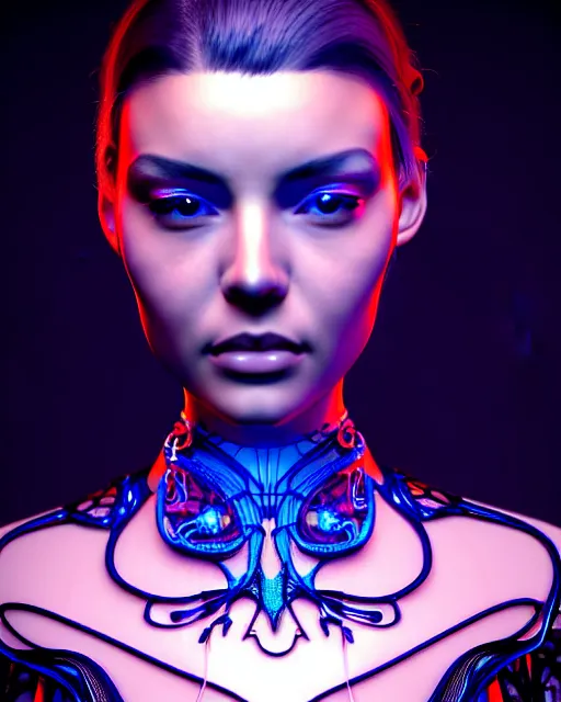 Image similar to 3 d front pose render, stunning beautiful young girl alluring biomech - cyberpunk model with a porcelain profile face, rim light, big neon circiuts and lines, borders, fine detail, lace, alexander mcqueen, art nouveau fashion embroidered collar, dieselpunk, neon filigree details, hexagonal mesh wire, ifs reflection, elegant, artstation trending