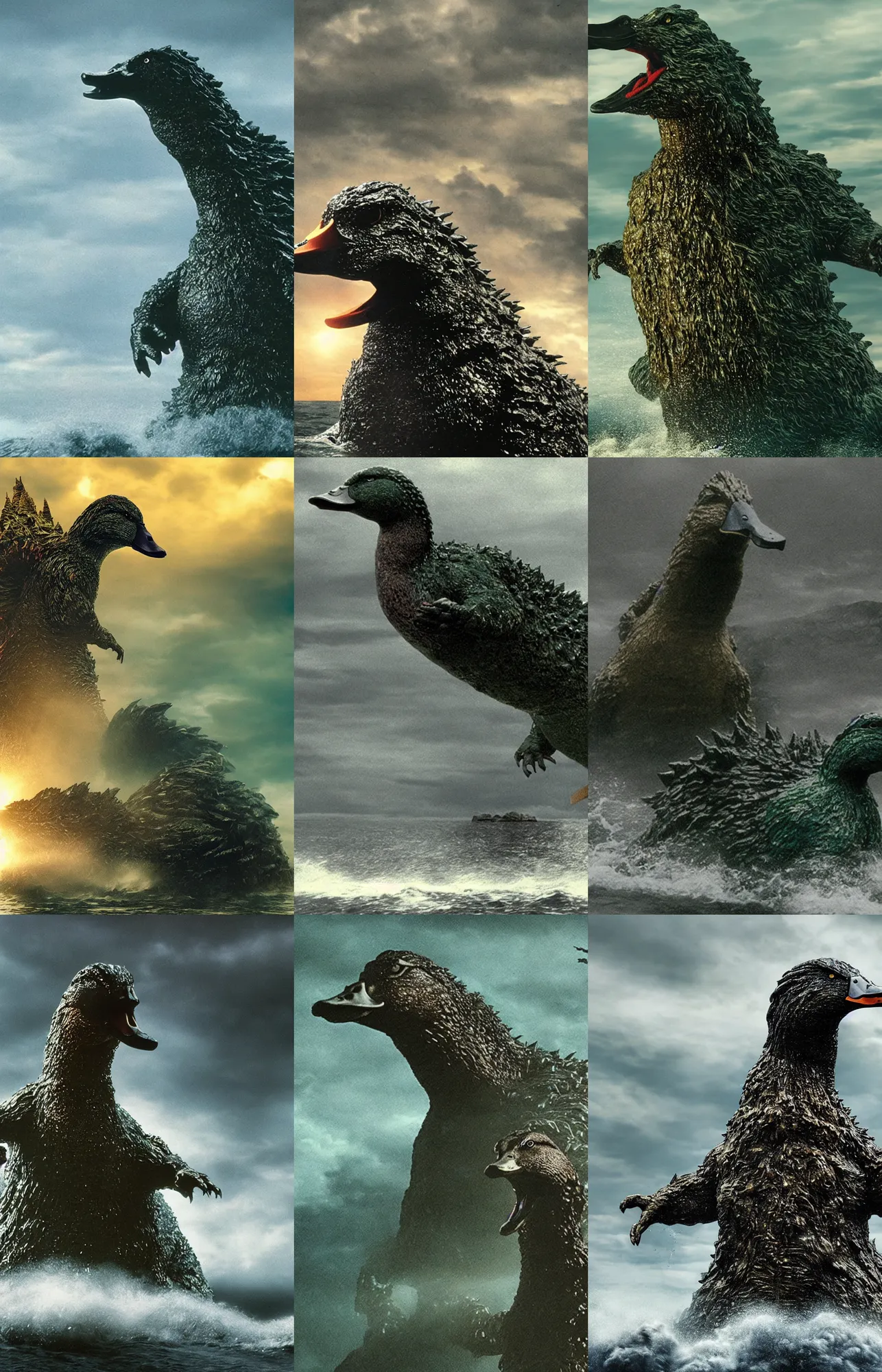 Prompt: mallard duck as godzilla monster rising from the ocean, dark and ominous film still