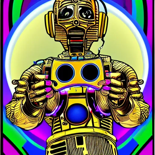 Prompt: artgerm, psychedelic laughing c 3 p 0, rocking out, headphones dj rave, digital artwork, r. crumb, svg vector