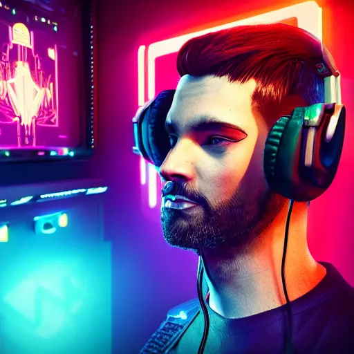 Image similar to electronic dj portrait, dj performing live streaming to online, cyberpunk 2 0 7 7, cyberpunk, photorealistic, ultra detailed, neon, octane, bokeh, cinematic lighting, cyber, cyberpunk city, headphones, studio quality, feature, scars, cyberface, 8 k