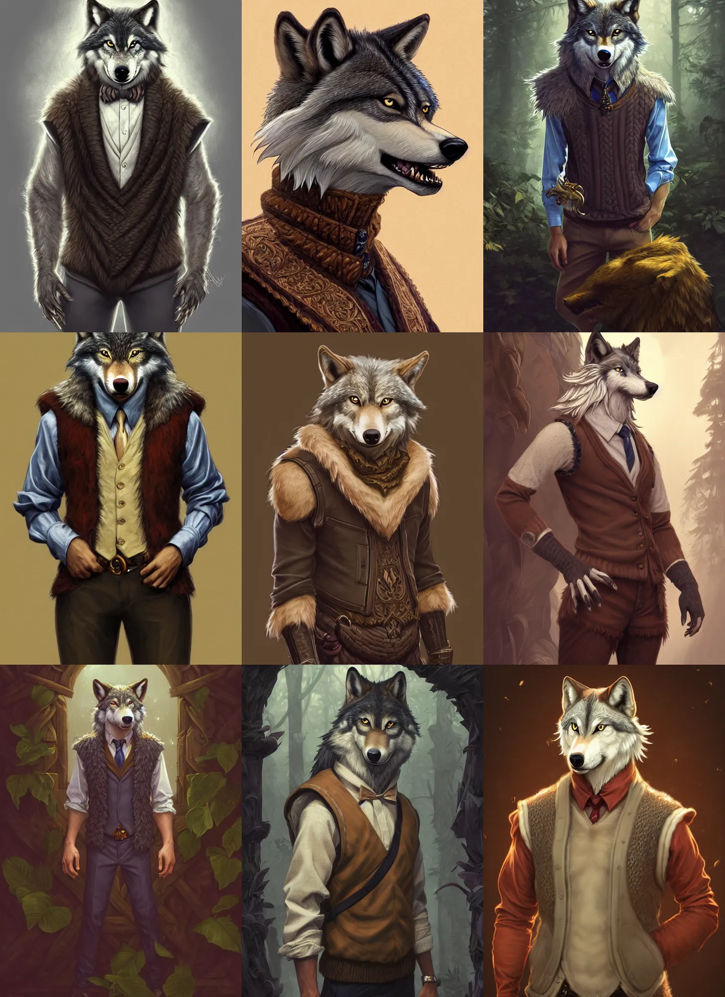 Prompt: photograph of a male anthropomorphic wolf fursona wearing a sweater vest, deep focus, intricate, elegant, highly detailed, digital painting, artstation, concept art, matte, sharp focus, illustration, d & d, fantasy, hearthstone, art by artgerm and greg rutkowski and alphonse mucha
