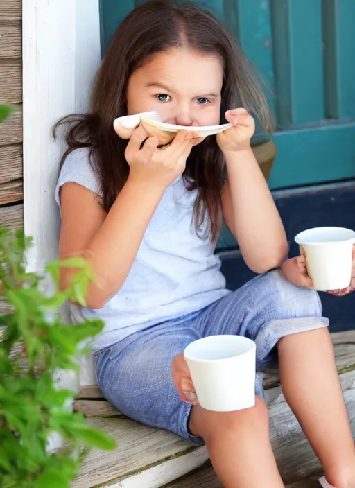 Prompt: girl sitting on porch eating porridge